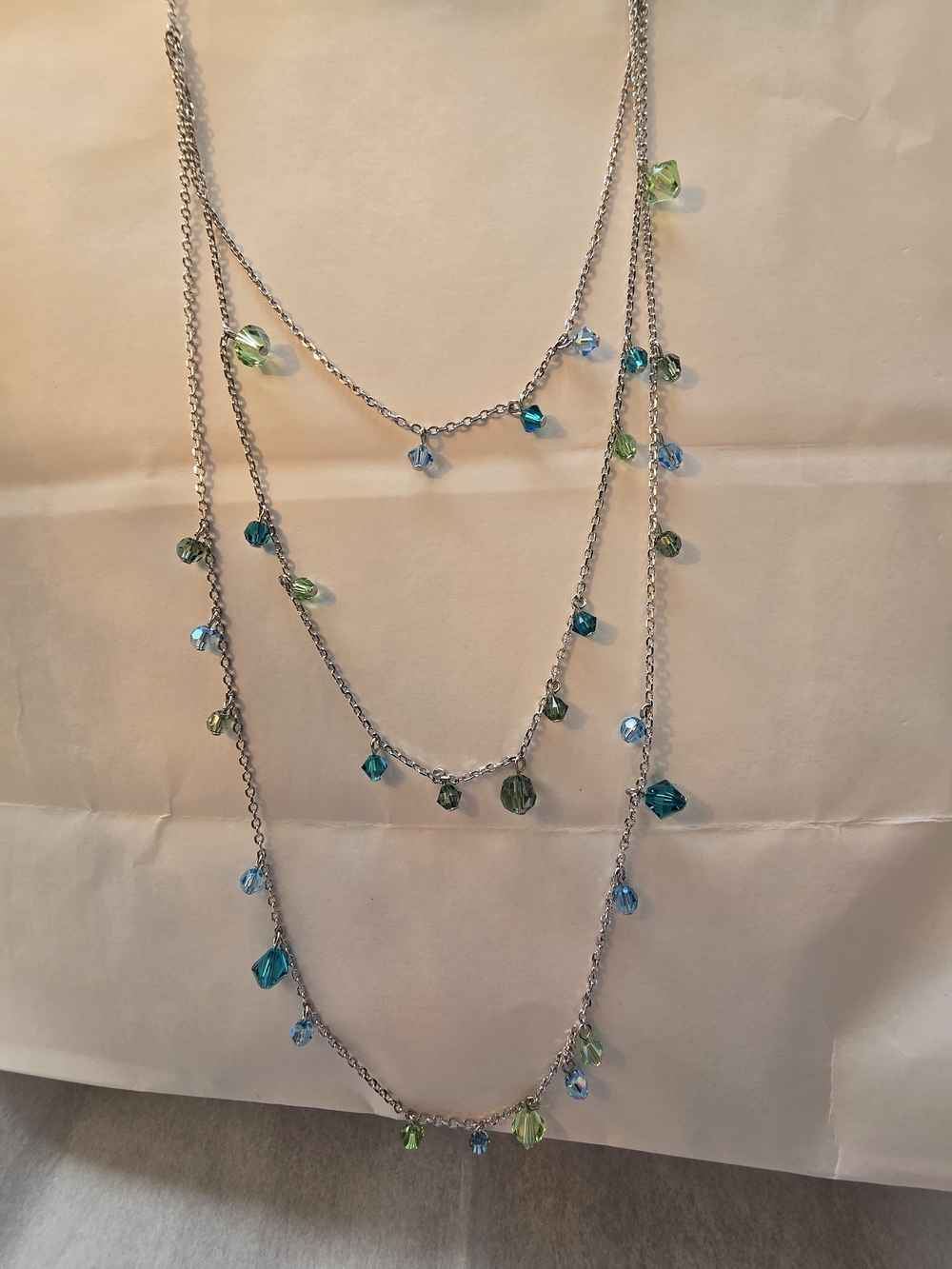 Silver Multi-Strand Necklace with Blue and Green Crystal Drops - Picture 2 of 5